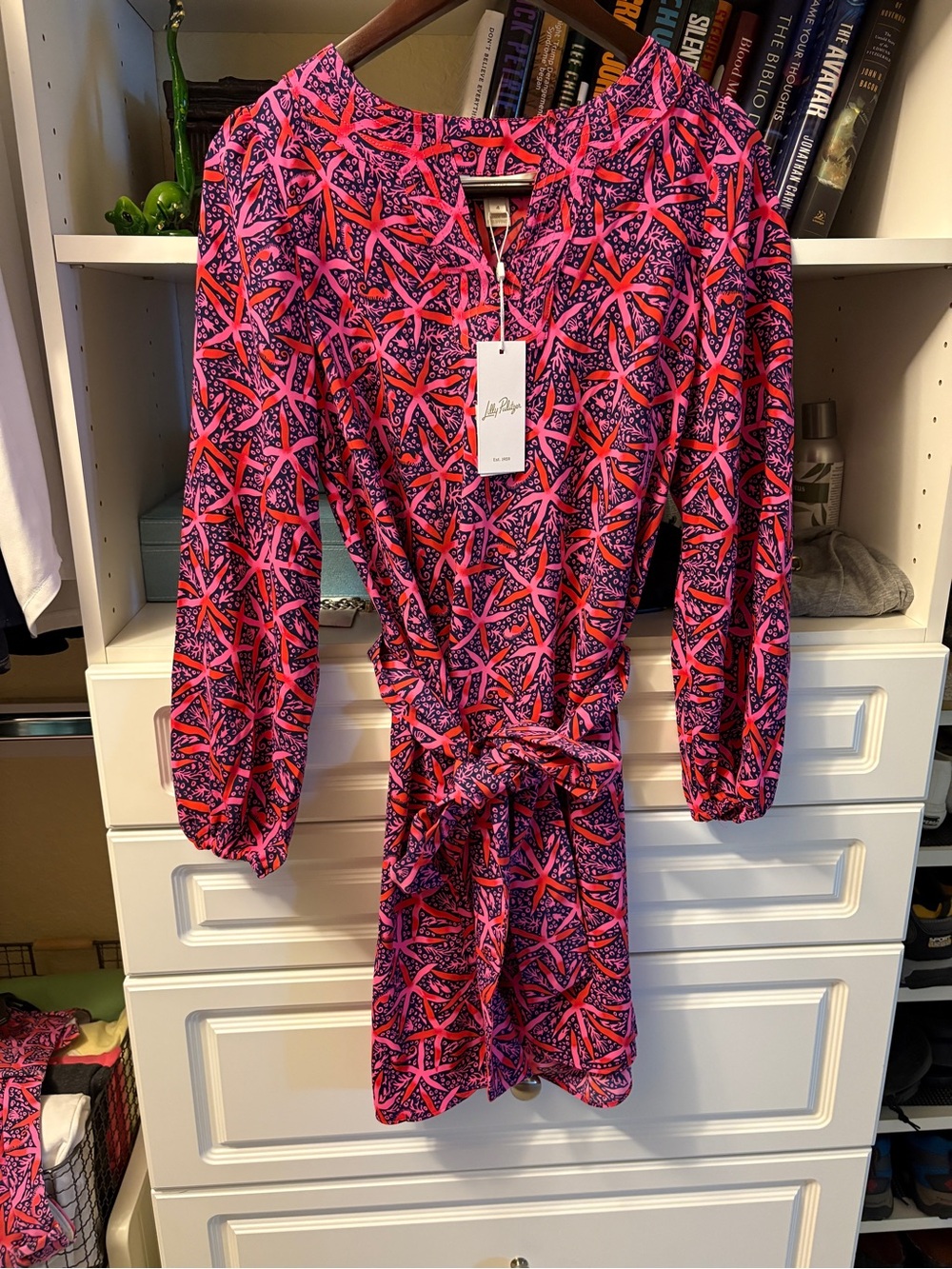 Lily Pulitzer Vibrant Pink & Navy Printed Tie-Neck midi Dress